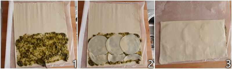 a. farcire la pasta sfoglia rettangolare con pesto e scamorza a fette
