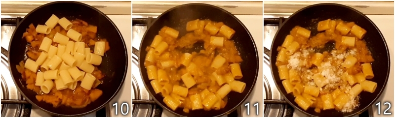 d. mantecare la pasta con la zucca e la pancetta con acqua di cottura e pecorino