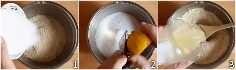 a. mescolare la farina di mandorle con zucchero e albumi