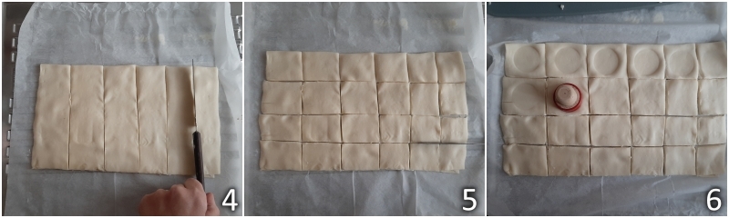 b. tagliare la pasta sfoglia a quadratini e formare un incavo con un tappo