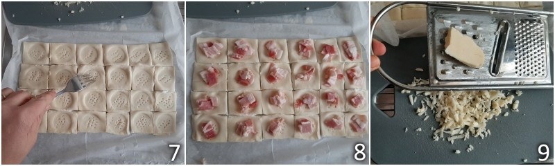 c. farcire i quadratini di pasta sfoglia con la pancetta affumicata a listarelle