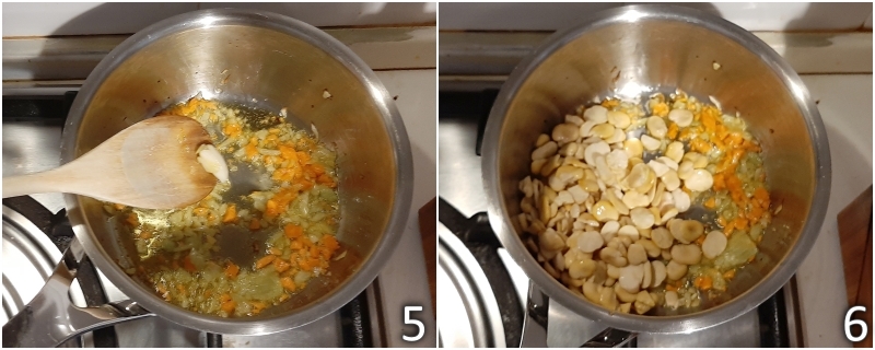 c. unire le fave secche decorticate al soffritto