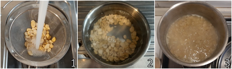 a. lessare le fave secche decorticate in acqua