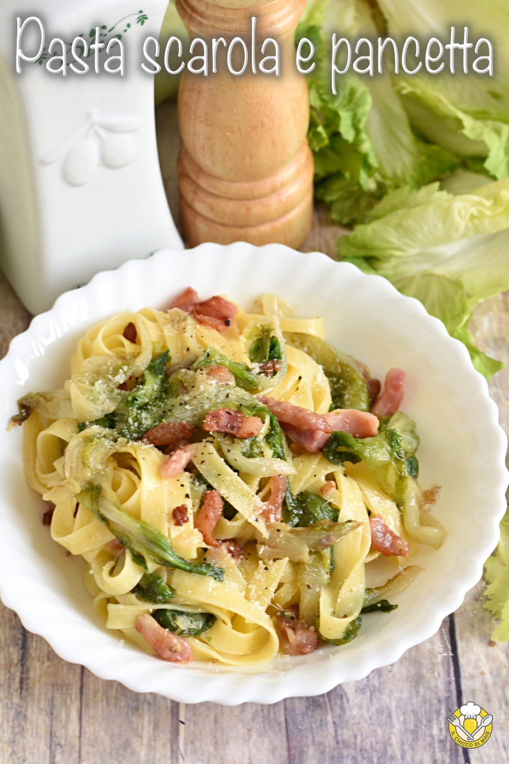 V_ pasta scarola e pancetta con pecorino primo veloce rustico con fettuccine il chicco di mais