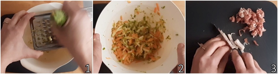 a. grattugiare le verdure e tagliare i salumi a pezzetti