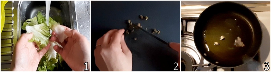 a. pulire la scarola e soffriggere aglio e acciughe