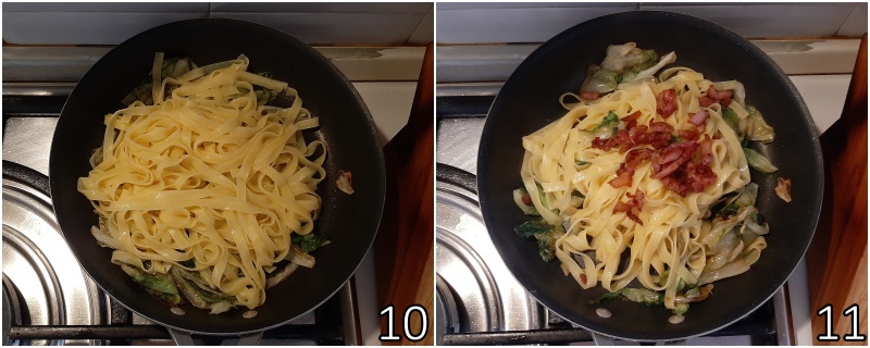 d. mantecare la pasta con la scarola e unire la pancetta croccante