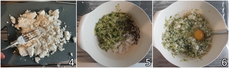 b. mescolare le zucchhine grattugiate con feta aneto menta e uova