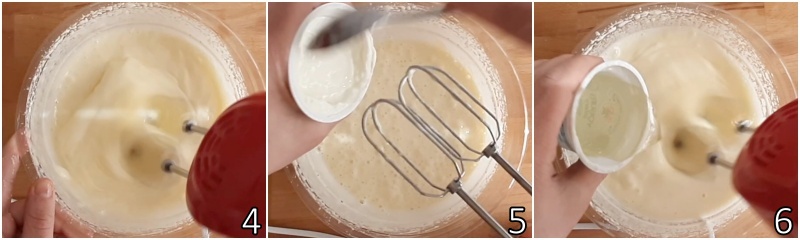 b. montare uova e zucchero e unire yogurt e olio