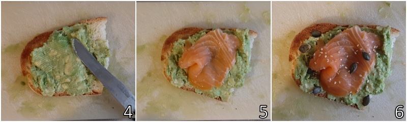 b. spalmare la crema di avocado sul pane e aggiungere il salmone affumicato