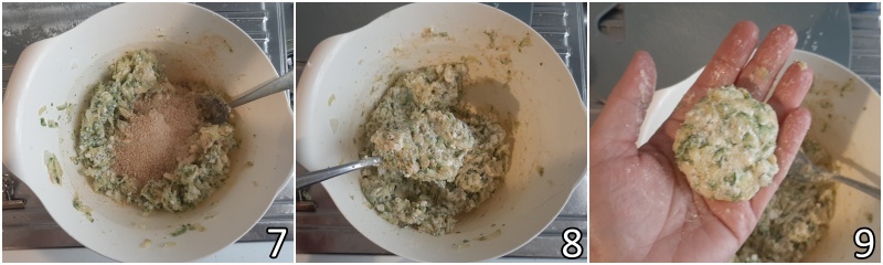 c. formare l'impasto delle polpette greche di zucchine addensandolo con il pangrattato