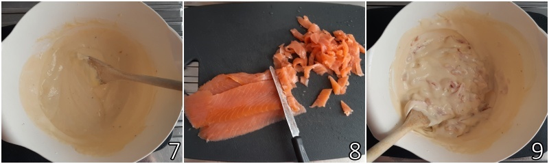 c. unire il salmone affumicato alla crema di ricotta e uova