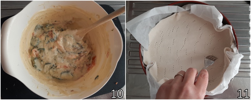 d. unnire le zucchine alla farcitura e bucherellare il rotolo di pasta brisé