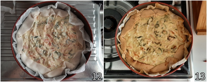 e. cuocere la torta salata con salmone e zucchine in forno finché dorata