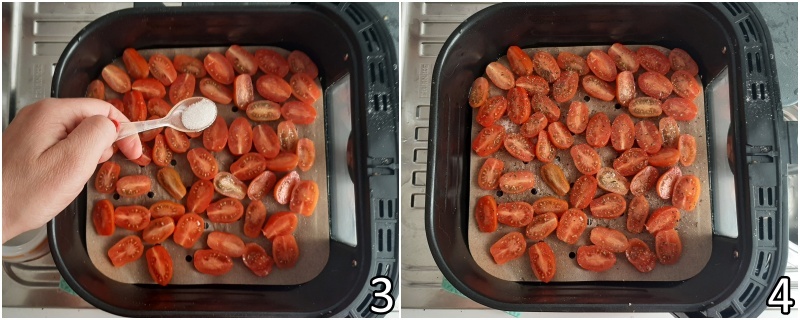 b. condire i pomodorini con zucchero ed erbe aromatiche