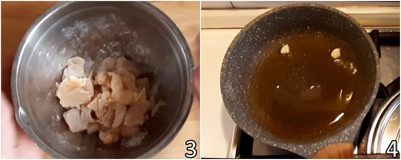 b. infarinare il petto di pollo e soffriggere l'aglio