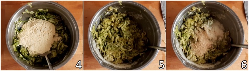 b. unire alle zucchine grattugiate la farina di ceci e il pangrattato