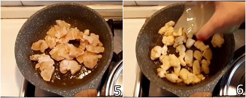 c. rosolare i bocconcini di petto di pollo e sfumare con vino bianco