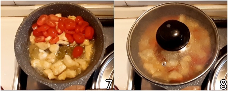 d. aggiummgere pomodorini e origano ai bocconcini di pollo