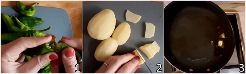a. pulire i friggitelli tagliare le patate e soffriggere l'aglio