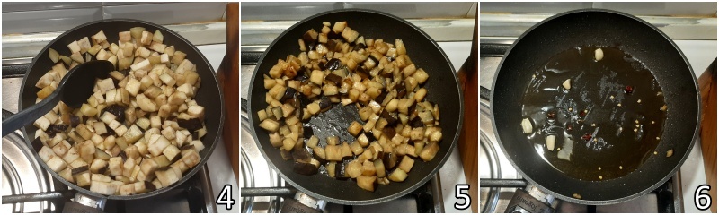 b. cuocere le melanzane in padella finché non sono tenere