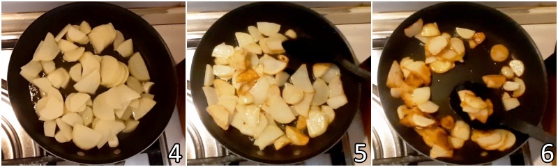 b. cuocere le patate in padella a fuoco basso finché dorate