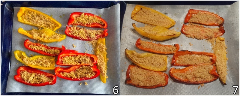 c. farcire i peperoni con la panatura speciale e cuocerli in forno o in friggitrice ad aria