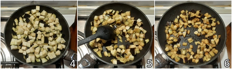 b. cuocere le melanzane in padella finché dorate