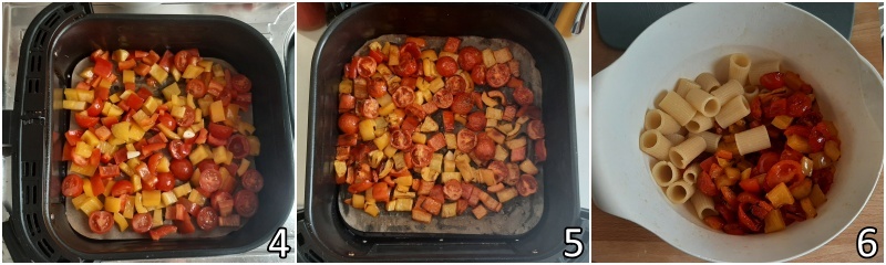b. cuocere peperoni e pomomdorini arrosto nella friggitrice ad aria