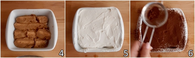b. fare uno strato di savoiardi al caffè e coprire con yogur e cacao
