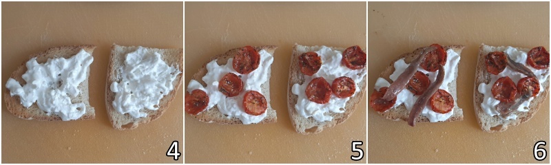 b. tostare il pane e guarnire i crostini con acciughe burrata e pomodorini confit