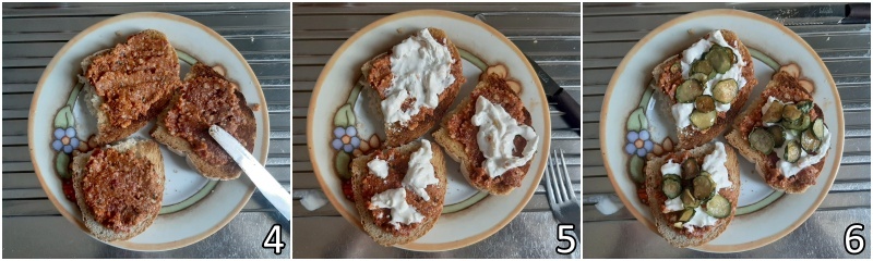 b. tostare le fette di pane e spalmarle con pesto di pomodori secchi stracciatella e zucchine