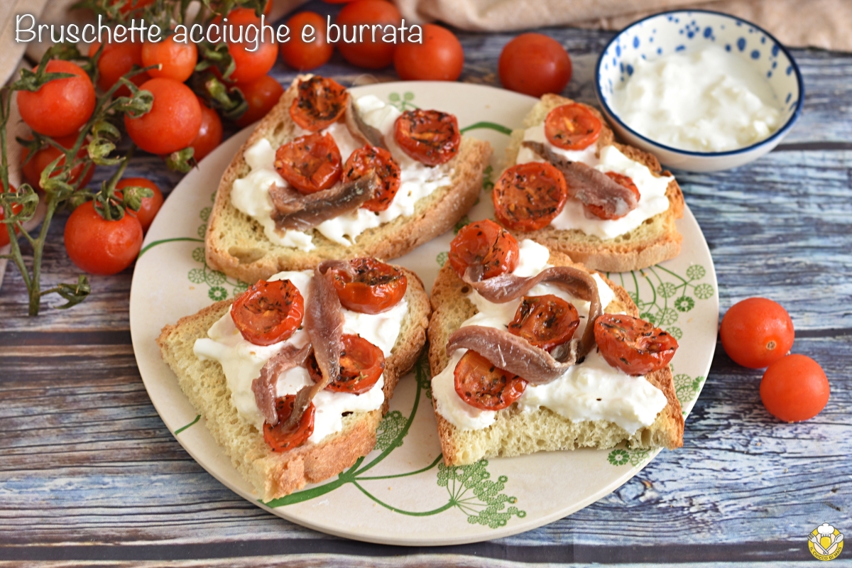 bruschette acciughe e burrata con pomodorini confit ricetta crostini gourmet estivi freschi sfiziosi il chicco di mais