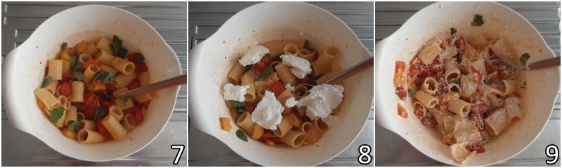 c. condire la pasta fredda con la ricotta vaccina e i peperoni arrosto