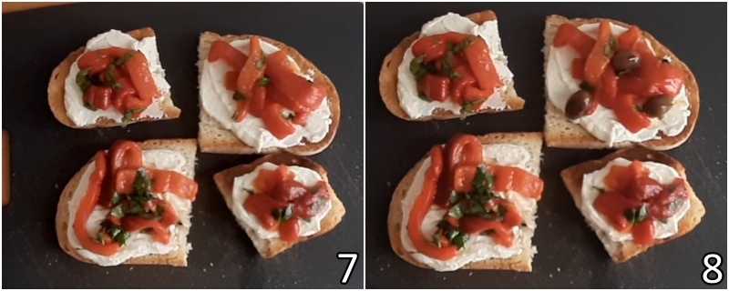 d. completare i crostini con i peperoni arrostiti e olive taggiasche
