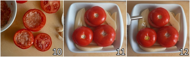 d. riempire i pomodori con il riso e la loro acqua