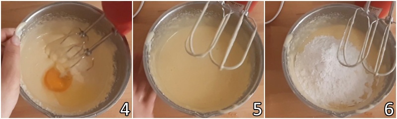 b. aggiungere uova e farina all'impasto del dolce
