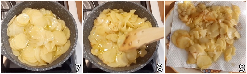 c. cuocere patate e cipolle confit e poi scolarle dall'olio