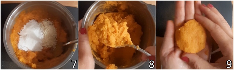 c. formare un impasto con farina di riso e formare le polpette di zucca
