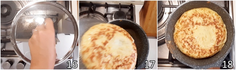 f. girare la tortilla aiutandosi con un coperchio