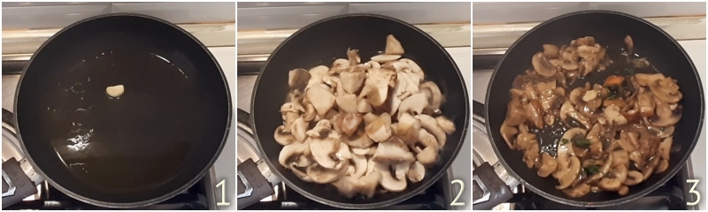 a. cuocere funghi champignon e porcini trifolati
