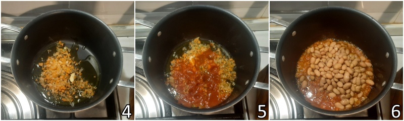 b. fare soffritto e cuocere i fagioli con pomodoro