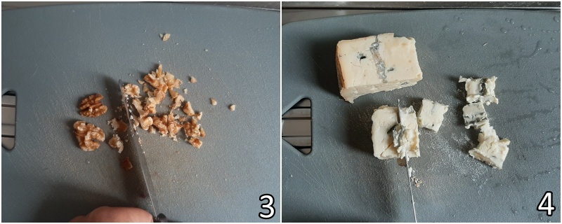 b. tritare le noci e tagliare il gorgonzola piccante a cubetti