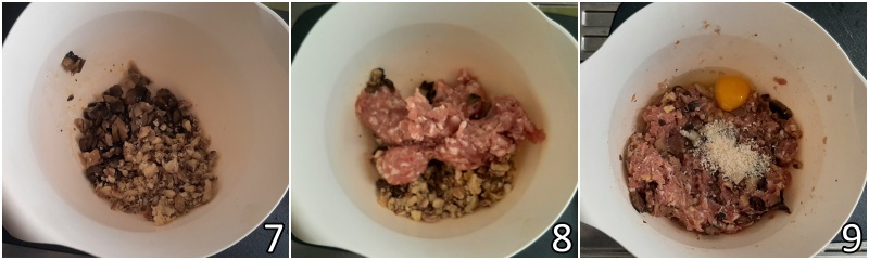 c. mescolare polpa di salsiccia funghi castagne uova e parmigiano