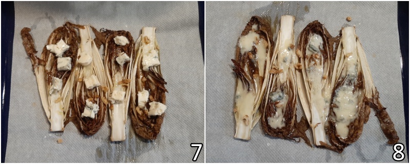d. aggiungere il gorgonzola piccante e farlo sciogliere brevemente in forno