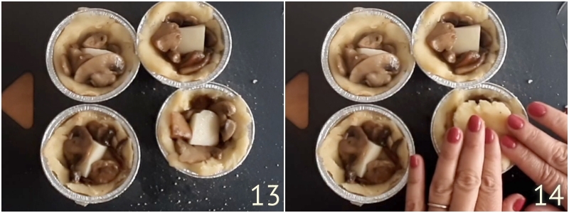 e. aggiungere un cubetto di scamorza al centro dei tortini di patate
