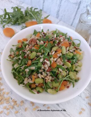 Orzo con edamame rucola albicocche secche e noci