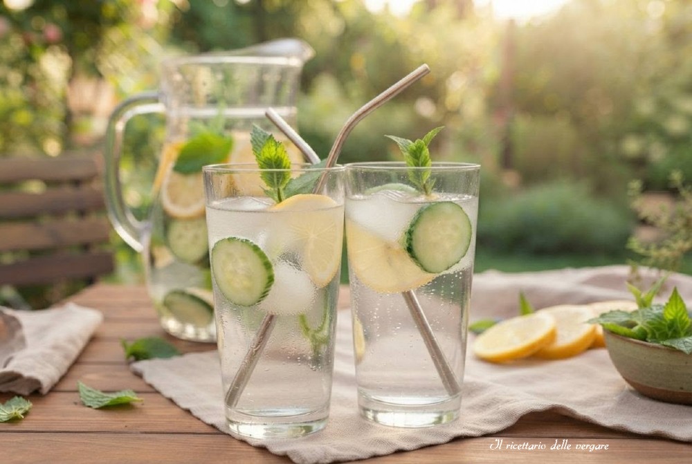 Caraffa di acqua aromatizzata con fette di cetriolo, limone e foglie di menta fresca