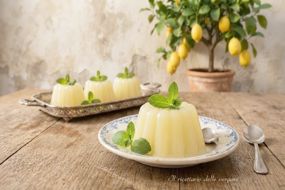 Gelo di limone siciliano servito in un piattino da dessert e decorato con foglioline di menta fresca