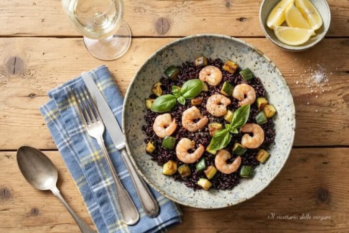 Insalata di riso venere fredda con gamberetti, zucchine e scorza di limone servita in una ciotola